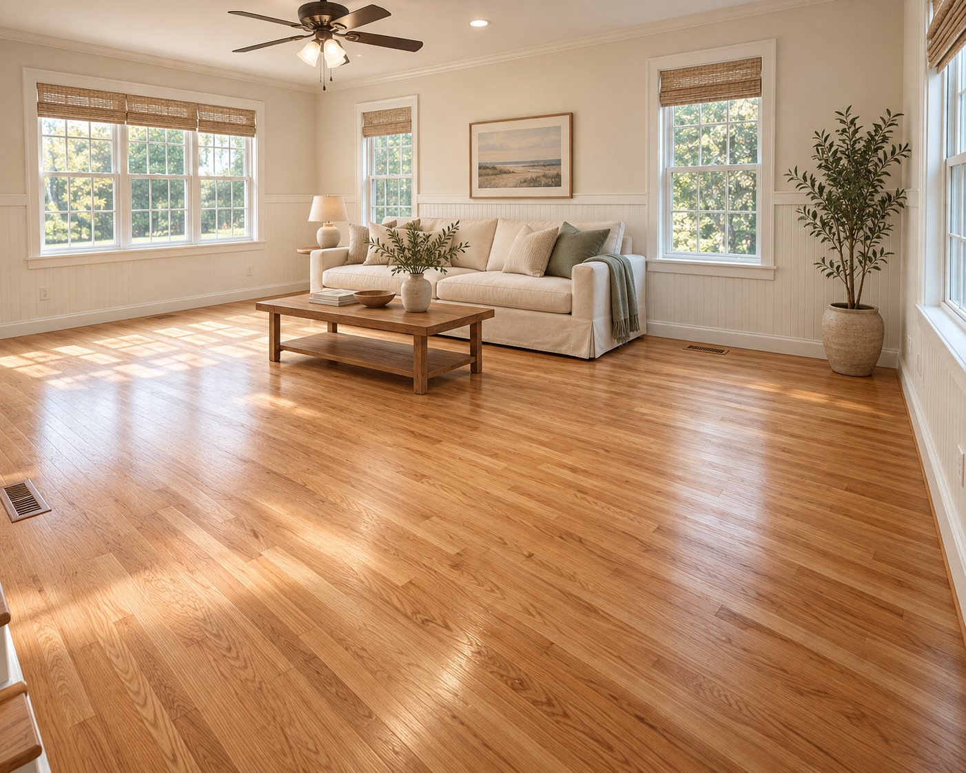 AI interior concept inspired by our work: a sunlit Cape Cod living room with warm hardwood floors, ivory walls and a linen sofa