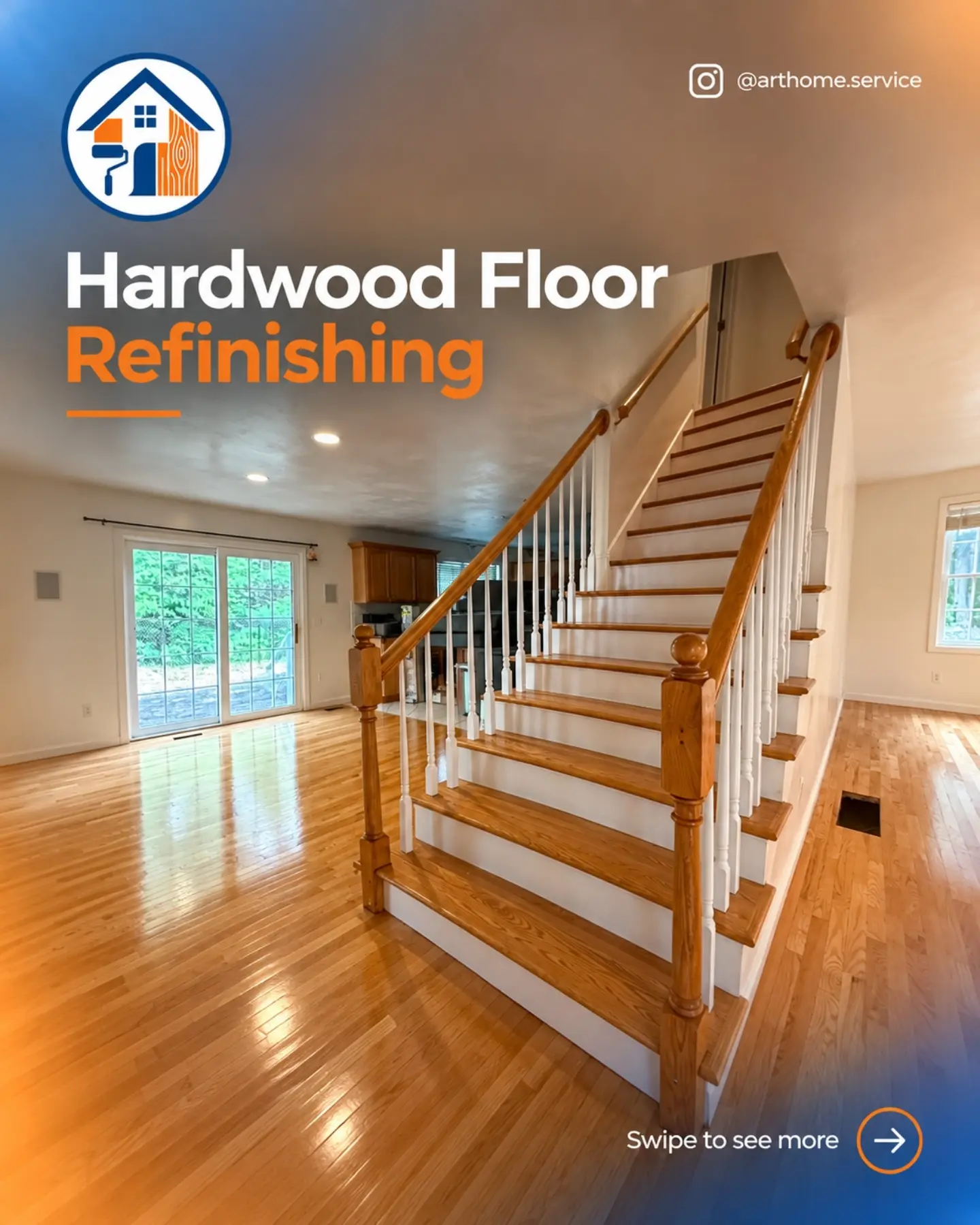 Warm hardwood steps with white balusters and matching wood floors